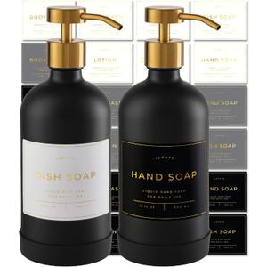 Hand and Dish Soap Dispenser for Kitchen and Bathroom, Set of 2 16 Oz Glass Bottles, Stainless Steel Pumps, Non-Slip Silicone Base, 27 Waterproof Labels (Matte Black Bottle/Brushed Gold Pump)