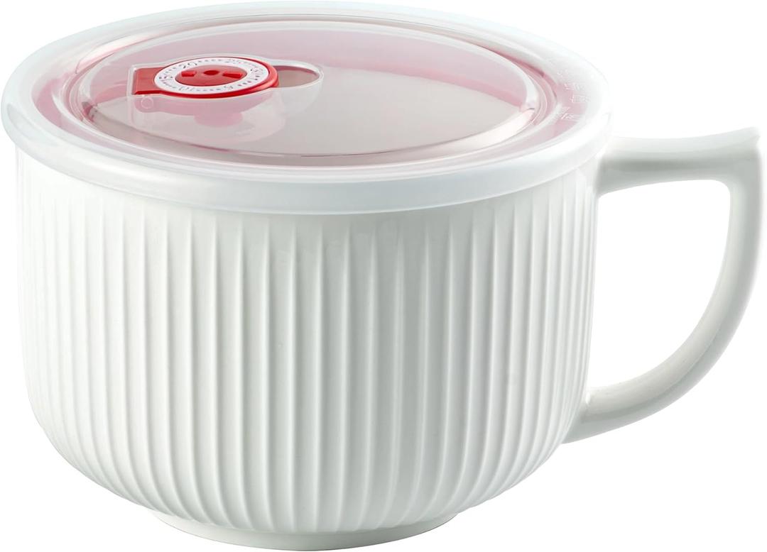 Oversized Soup Bowl with Handle, 38oz Microwave Ramen Bowl with Lid, Jumbo Soup Mug for Ramen, Noodle, Cereals, Soup Container with Lid, Dishwasher Safe - (White)