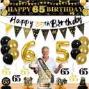 27pcs 65th Birthday Decorations for Men,Black Gold 65th Party Decorations,Happy 65th Birthday Banner Honeycomb Hanging Swirls Cake Topper and Balloons Kit Party Supplies