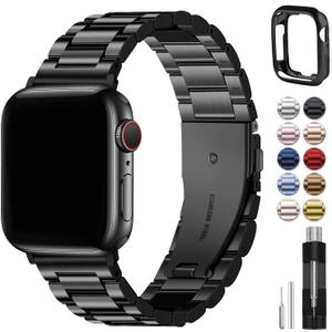 Fullmosa Compatible Apple Watch Bands 45mm 44mm 42mm 46mm 49mm 41mm 40mm 38mm, Metal iWatch Band with Case for Apple Watch Series 9 8 7 6 5 4 3 2 1 SE 10 Ultra, 42mm 44mm 45mm Black