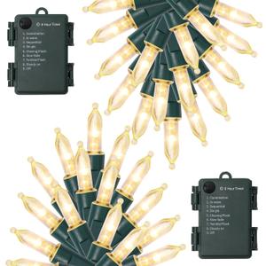 WATERGLIDE 2 Pack 50 LED Outdoor Christmas Lights, 16FT Battery Operated Mini String Lights with 8 Modes & Timer, Xmas Tree Lights Waterproof for Patio Garden Party Wedding Holiday Decor, Warm White