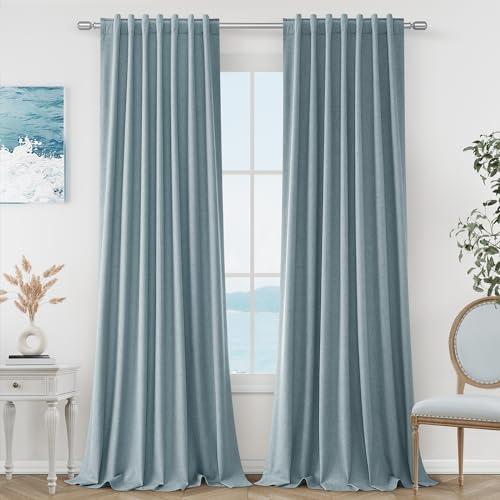 Guken Blue Linen Blackout Curtains 84 Inch Length 2 Panels Set for Living Room Bedroom Back Tab Thermal Insulated 100% Black Out Linen Drapes Room Darkening Window Curtains 84 Inches Long Dusty Blue