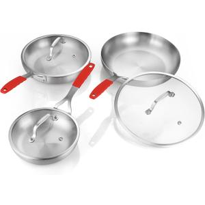 DELARLO Tri-Ply Stainless Steel Frying Pan Set 8" 10" 12" With Lid skillets