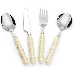 Koythin 4-Piece Cutlery Set, Stainless Steel Flatware Sets with Chubby Bubble Pattern Ceramic Handle, Utensils including Knife Fork Spoon (Yellow)