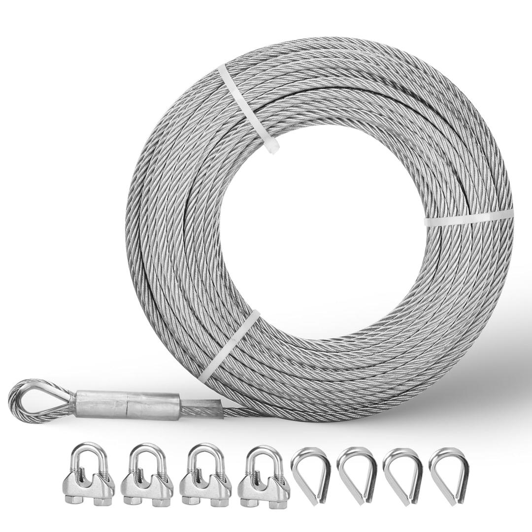 3/8" Stainless Steel Cable 125FT, 7x19 Strands Wire Rope Cable, with 12000 lbs Breaking Strength, Stainless Steel Wire Rope with M10 Clips Clamp and Thimbles for Boat Lifting Winch Cable