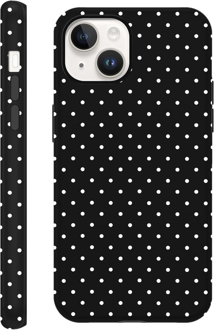 Polka Dot Phone Case for iPhone 14 Plus Cute Trendy Pattern Case 6.7", Aesthetic Stylish Print Design 2-in-1 Matte Cover Hard PC Shockproof Soft TPU Protection Girls Women Funda, Black