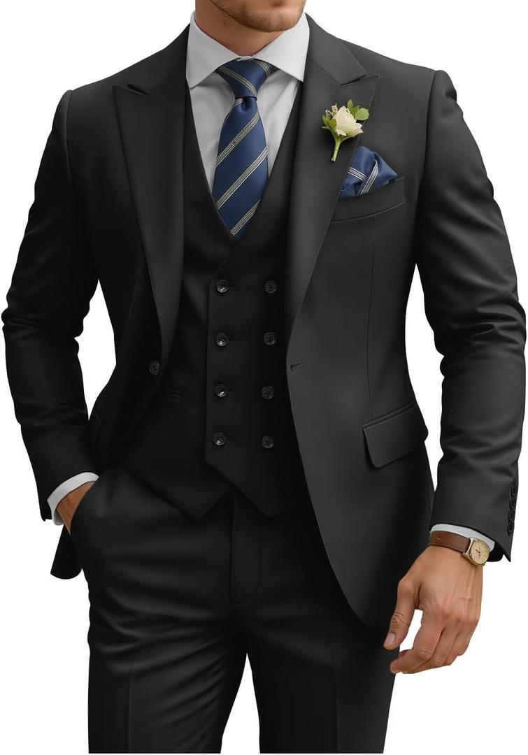 Mens Suit 3 Piece Slim Fit Suits for Men Double Breasted Suit Wedding Prom Suits Formal Business Dinner Tuxedo, XL