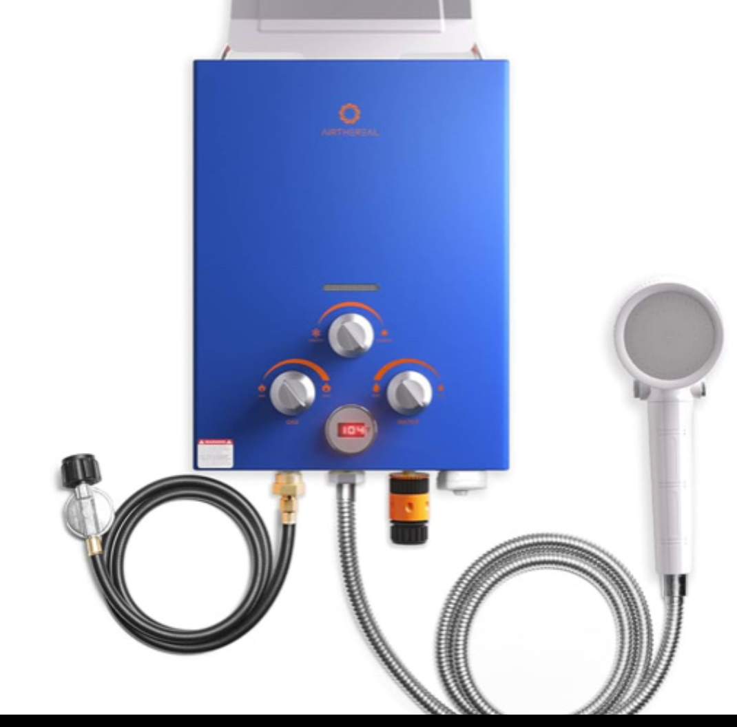 Airthereal 6L 1.58GPM Outdoor Portable Propane Gas Tankless Water Heater, Instant Propane Water Heater, Overheating Protection, Use for Camping, RV and Pet Bath, Evenfall series, Blue