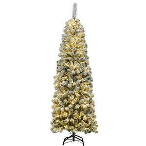 6Ft Pre-lit Snow Flocked Artificial Pencil Christmas Pine Tree with 250 LED Lights
