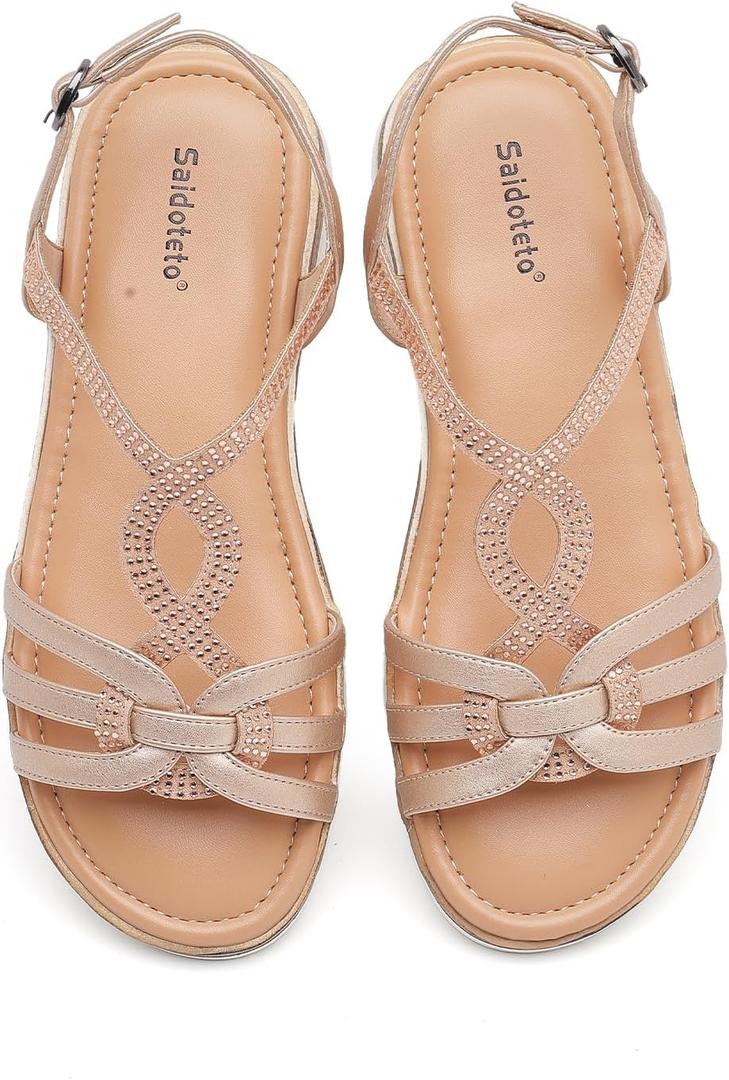 Saidoteto Women's Wide Flat Sandals,Casual Open Toe Strappy Slip-on Summer Dressy Platform Sandals with Sparkling Rhinestones