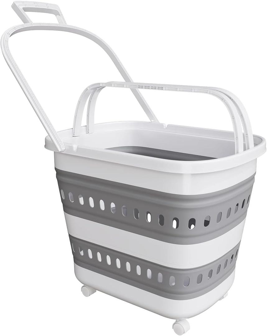 Folding Laundry Basket with Wheels Handle Collapsible Plastic Hamper 38L Portable Rubber Clothes Multi Use Grocery Shopping Cart Pop Up Storage Container Organizer with Hanging Space Saving White Grey, 24" x 16" x 5"