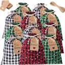 Shappy 24 Pcs Christmas Drawstring Gift Bags Xmas Buffalo Plaid Burlap Advent Bags 10 x 8 Inches Linen Treat Candy Bag with 32.8 ft Rope 24 Card(Mixed Colors with Snowflake)