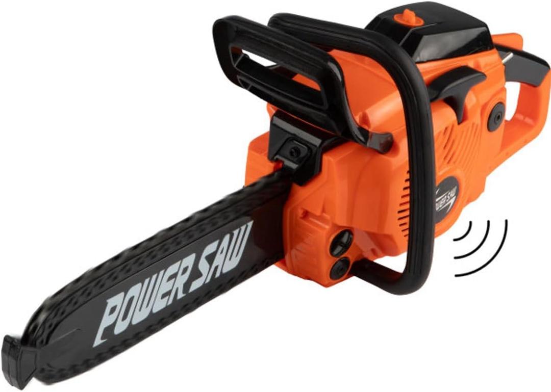 HEY! PLAY! Toy Chainsaw - Fake Outdoor Power Tool for Pretend Play - Battery-Powered with Pull Cord, Rotating Chain, and Realistic Sounds (Orange)