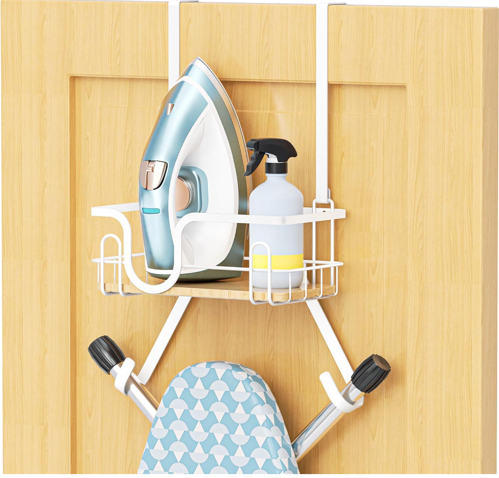 XILIMEN Ironing Board Holder Wall Mount, Over The Door Ironing Board Hanger with Storage Basket, Iron Holder for Hotel Rooms, Home Laundry Rooms, Utility Rooms, Closets, White