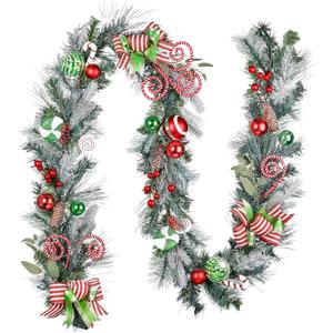 Valery Madelyn 9 Feet Pre-Lit Christmas Garland with Lights for Mantle, Lighted Outdoor Xmas Garland with Elf Red Green White Balls for Home Stairs Fireplace Table Centerpiece Indoor Holiday Decor