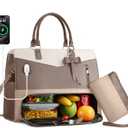 Lunch Tote Bag for Women 2 in 1 Laptop Work Bag with Lunch Insulated Compartment and Purse Combo Leather Crossbody Bag (Khaki Brown), Large