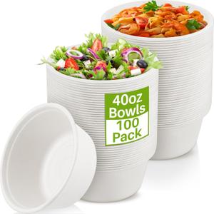 Tessco for you 40 oz 100 Pack Large Disposable Salad Bowls Deep Heavy Duty Paper Bowls Sugarcane Fiber Compostable Biodegradable Microwave Safe for Hot Cold Soup Ramen Popcorn Pasta (White Color)