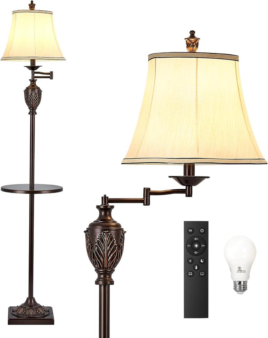 Traditional LED Floor Lamp with 350 Adjustable Swing Arm Lamp  Vintage Standing Pole lamp for Living Room, Bedroom and Office  Rustic Upright Floor Light for Home Dcor with Silk Fabric Shade (Brown-1)