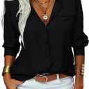 Veatzaer Womens Solid Lapel Long Sleeves Button Down Shirt Top Casual Basic Office Blouse (Small, Black)