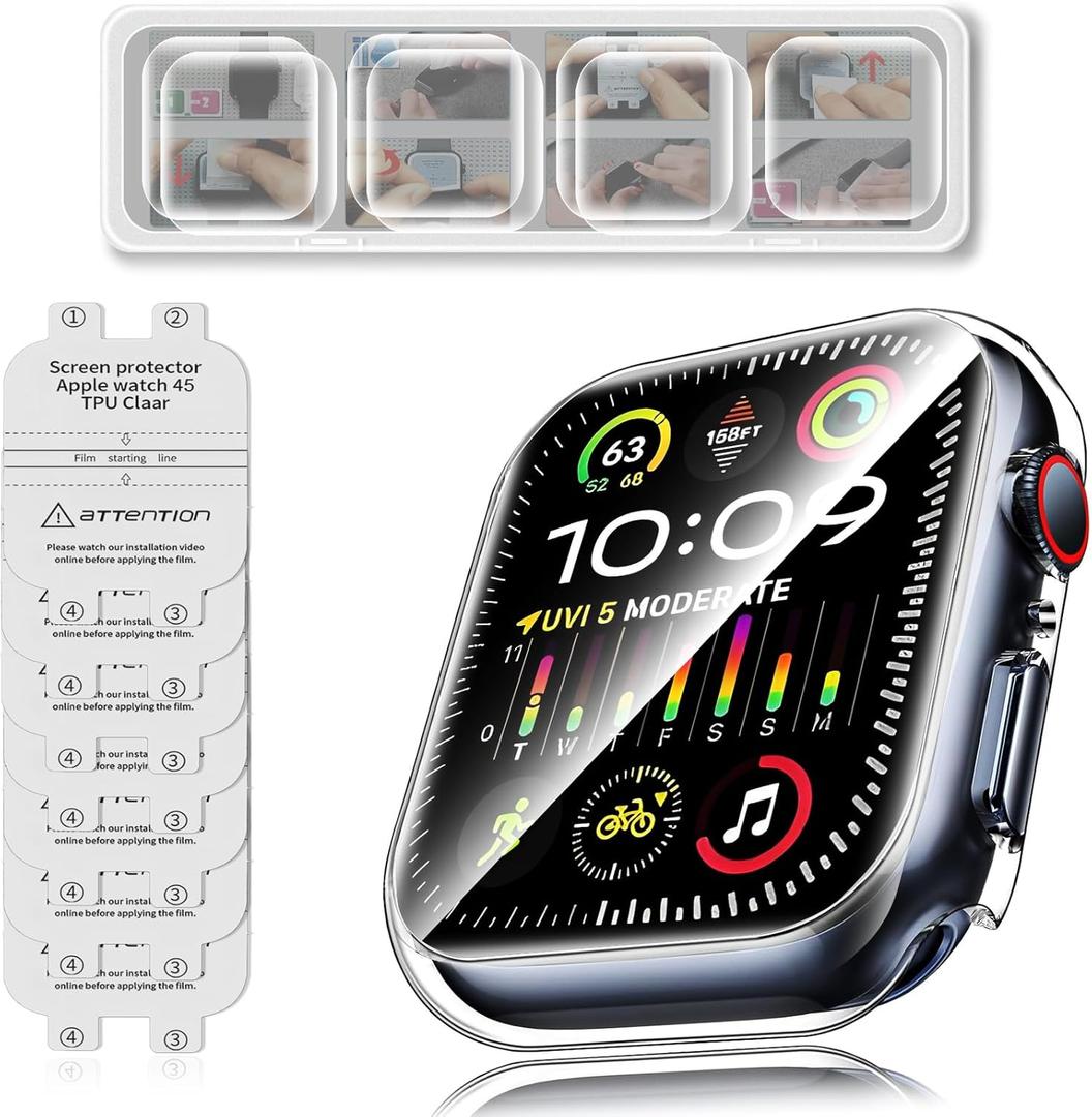 7 Packs for Apple Watch Screen Protector Series 9 8 7 45mm, Ultra HD TPU Flexible Screen Protectors for iWatch S9 S8 S7, Bubble-Free, Self-Healing,With Anti-Scratch PC Case