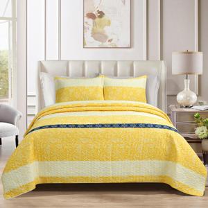 Quilt Set King Size - King Quilts Bedding Set, 100% Cotton Reversible Luxury Comforter Set, Farmhouse Floral Boho Striped Patchwork Summer Bedspreads Set with Shams for All Season, Yellow