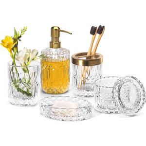 EMPO 6PCS Bathroom Clear Glass Accessories Set (Lotion Soap Dispenser, Soap Dish, Toothbrush Holder, Tumbler, Cotton Swab Jar), Contemporary Modern Decor Crystal Vintage Gift (6pcs Clear)