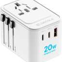 Universal Travel Adapter, International Travel Plug Adapter with 2 USB-C(PD 20W) 1 USB-A Ports, All in One Portable Adaptor, for USA, UK, EU, AU 224+ Countries (White)