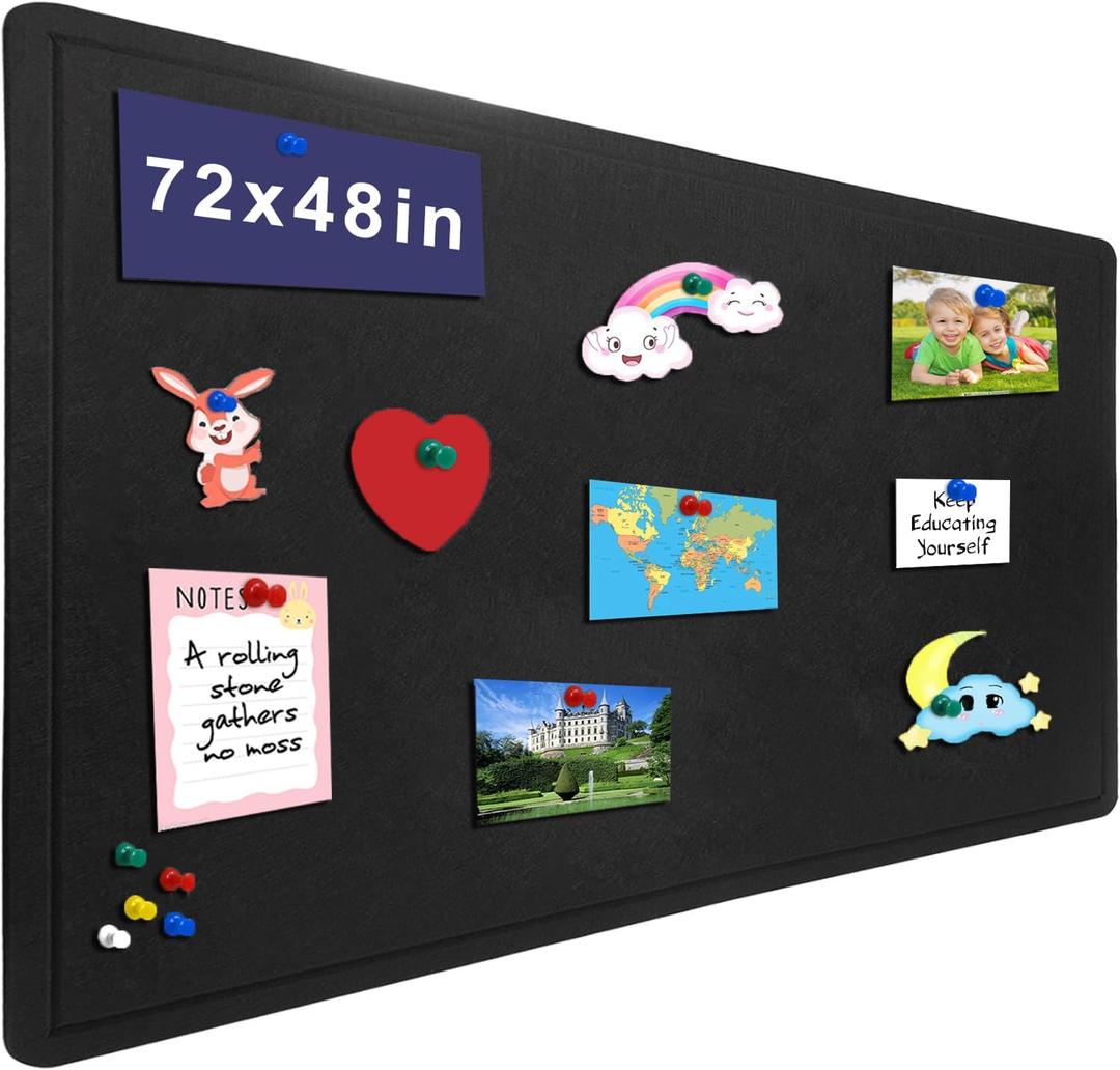 Large Bulletin Board - 72 X 48 inches Cork Board with 30 Pushpin, 6' x 4' Felt Cork Board Notice Pin Board, Self-Adhesive Vision Board Mood Board Foldable Photo Board for Wall (Black)