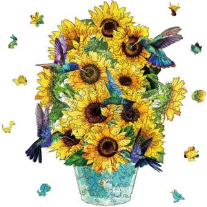 GLOBLELAND 200Pcs Sunflower Wooden Jigsaw Puzzles for Adults Child Hummingbird Wooden Puzzles for Children Colorful Wood Puzzles for Birthday Christmas Family Game 36x28.5cm/14.2x11.2inch
