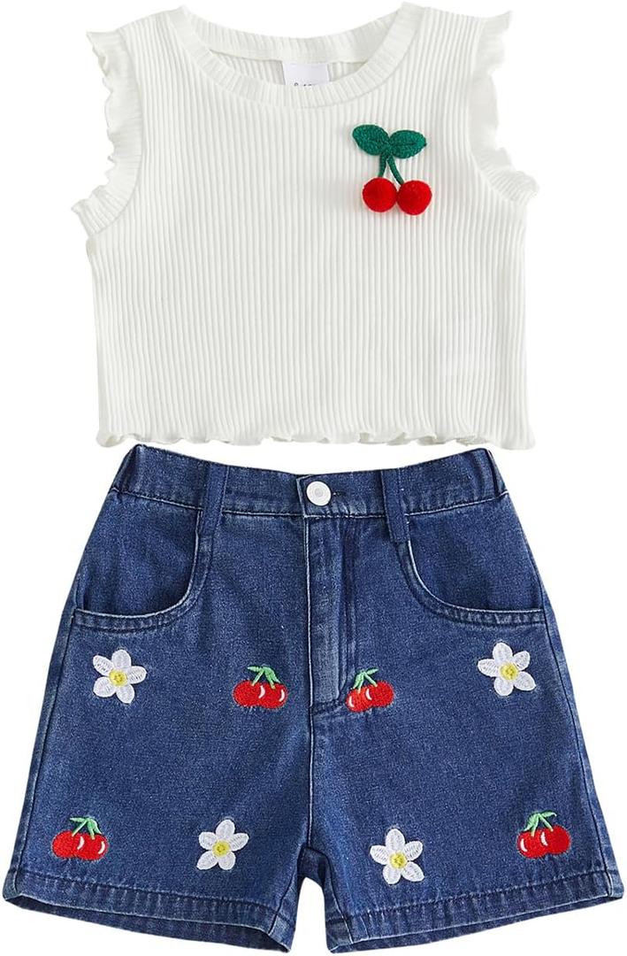 VISGOGO Toddler Baby Girl Short Set Summer Denim Outfits 6 12 18 24M 2T 3T 4T 5T Flower Jeans Shorts Tops Kids Girl Clothes