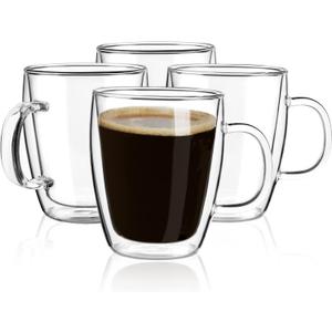YUNCANG Double Wall Coffee Mugs, (4-Pcak) 16 Ounces-Clear Glass with Handle,lnsulated,Cappuccino,Tea,LatteCups,Beverage Glasses Heat Resistant