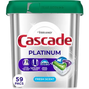 Cascade Platinum Dishwasher Pods, Dishwasher Detergent, Dish Detergent Soap, Fresh, 59 Count Cascade Platinum Dishwasher Pods, Dishwasher Detergent, Dish Detergent Soap, Fresh, 59 Count