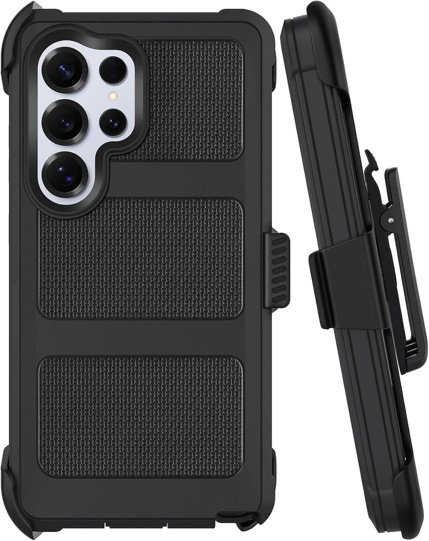 Belt Clip Holster Compatible with Samsung Galaxy S25 Ultra Defender Case with 360 Rotating Stand - Heavy Duty Protection Anti-Drop Shockproof, Black