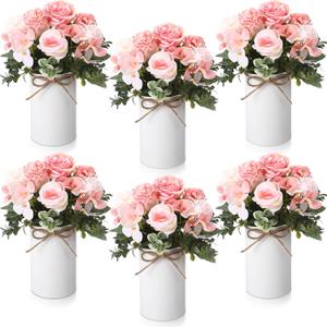 Domensi 6 Sets Wedding Centerpiece for Table Decoration Blush Pink Artificial Fake Rose Flower with Metal Vase Faux Silk Rose Bouquet Floral Arrangement for Bridal Shower Home Dining