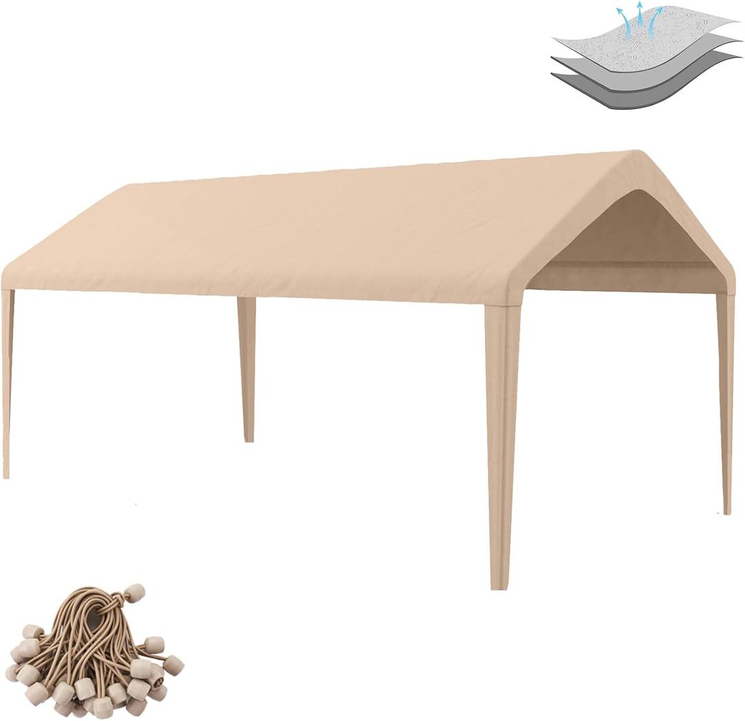 Carport Replacement Canopy Cover 10'x20' for Tent Top Garage Shelter Cover with Ball Bungees, 800D Oxford Replacement Cover Waterproof & UV Protection, Not Included Frame (Light Brown) (Beige)
