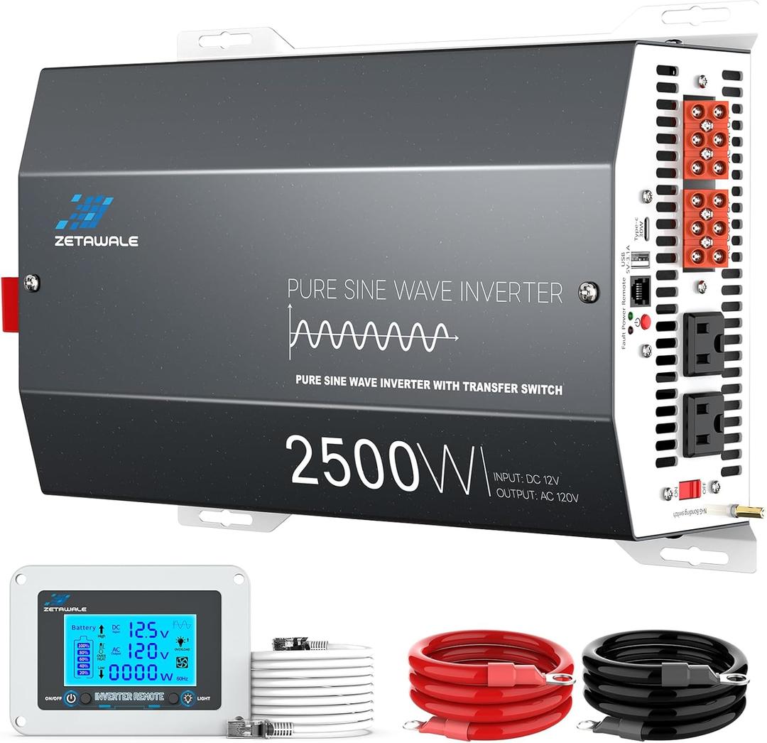 2500W Pure Sine Wave RV Inverter with Built-in ATS, 12V DC to 110V/120V AC Converter, 5000W Peak, Shore Power Automatic Bypass, 2 AC Outlets, USB & Type-C, LCD Remote Control