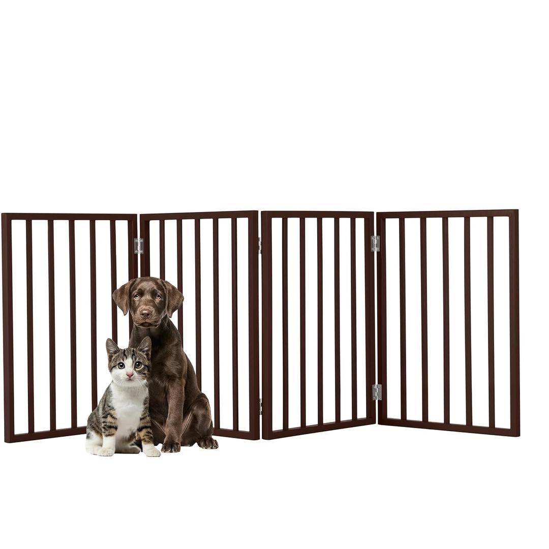 Pet Gate - 4-Panel Indoor Foldable Dog Fence for Stairs, Hallways, or Doorways - 73x24-Inch Freestanding Dog Gates by PETMAKER (Brown)