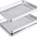 TeamFar Toaster Oven Pans, 9.3'' x 7'' x 1'' Stainless Steel Compact Toaster Oven Tray Ovenware, Healthy & Heavy Duty, Roll Edge & Mirror Finish, Easy Clean & Dishwasher Safe-2 PCS