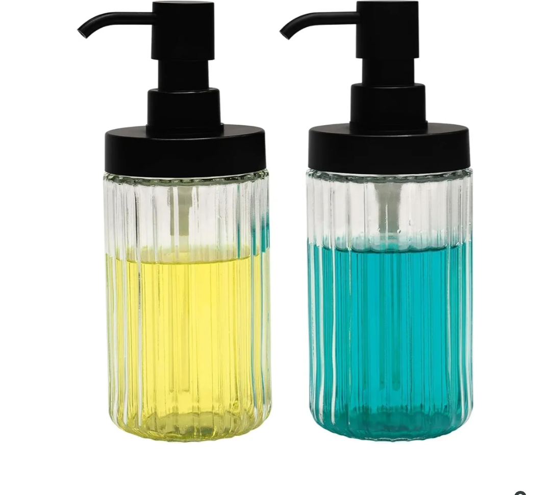 2 PCS Glass Soap Dispenser Set for Bathroom & Kitchen Sink Refillable Liquid Soap Bottle with Squeeze Pump for Hand Dish Soap, Shower Gel, Shampoo and Conditioner-425ML