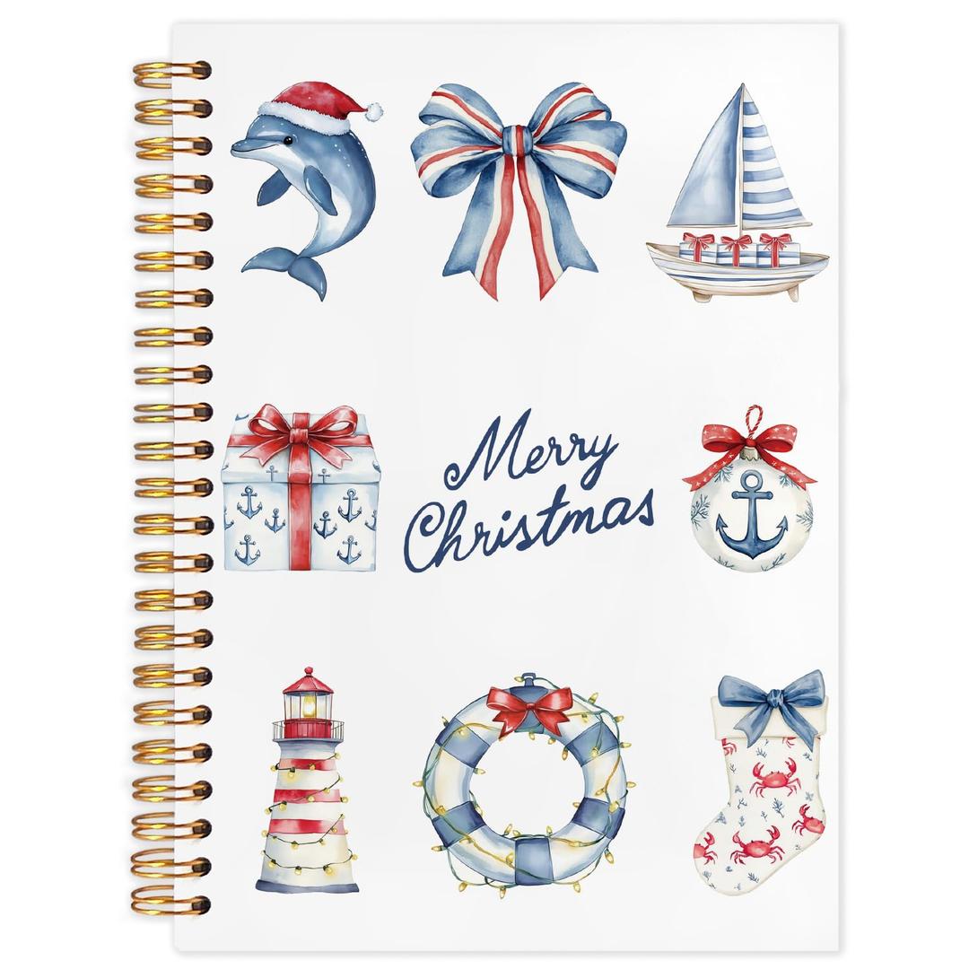 WUCHJ Coastal Beach Christmas Notebook, Ocean Nautical Merry Christmas Journal Gifts for Women, Xmas Holiday Spiral Notebook Journal for Note Taking, 5.5x8.3 Inch