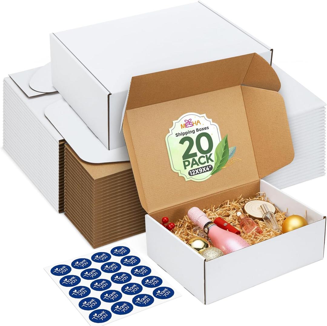 MESHA White Corrugated Mailing Box 12x9x4 Inch Shipping Boxes Cardboard For Small Business Packaging Mailer 20PACK