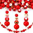 Vicenpal 240 Pcs Christmas Wooden Beads for Crafts Snowman Santa Round Wood Beads with Twine Red Green White DIY Ornaments for Christmas Tree Xmas Winter Decoration(Santa)