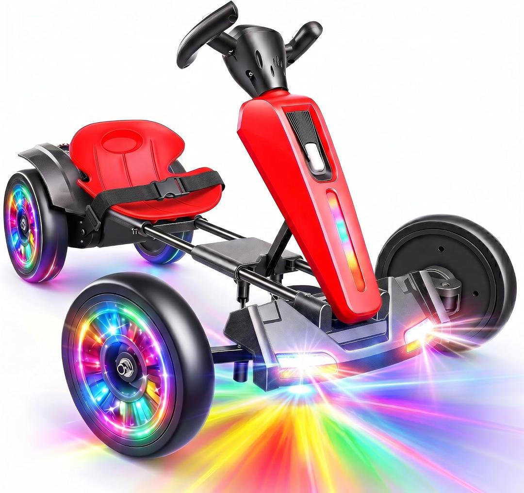 Hikole 12V Electric Go Kart for Kids 3-6, Foldable, Light-Up Wheels, Red, 30.7 inches x 21.2 inches x 19 inches