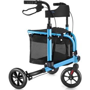WALK MATE 3 Wheel Rollator Walker with Seat for Slim Seniors, Padded Backrest Lightweight Foldable Walker Ideal for Elderly, 8 Inch Tri-Wheel Modern Mobility Walking Aid Aluminum, Blue