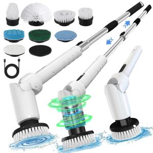 Electric Spin Scrubber - Cordless Cleaning Brush with Digital Display, 2 Speeds, 8 Brush Heads, IPX7 Waterproof, Adjustable Long Handle for Bathroom, Tub, Tile, Shower, and Car (Black)