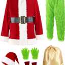 Buheco Christmas Costume for Men 7PCS Deluxe Adult Santa Outfit Suit Furry Professional Xmas Halloween Monster Cosplay Adults (XX-Large, Red)