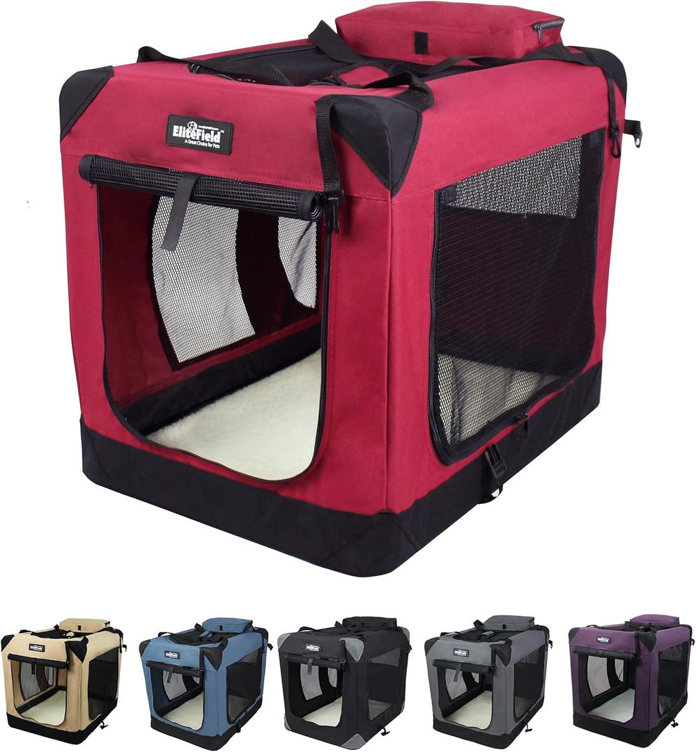 EliteField 3-Door Folding Soft Dog Crate with Carrying Bag and Fleece Bed Indoor & Outdoor Pet Home (20" L x 14" W x 14" H, Maroon)