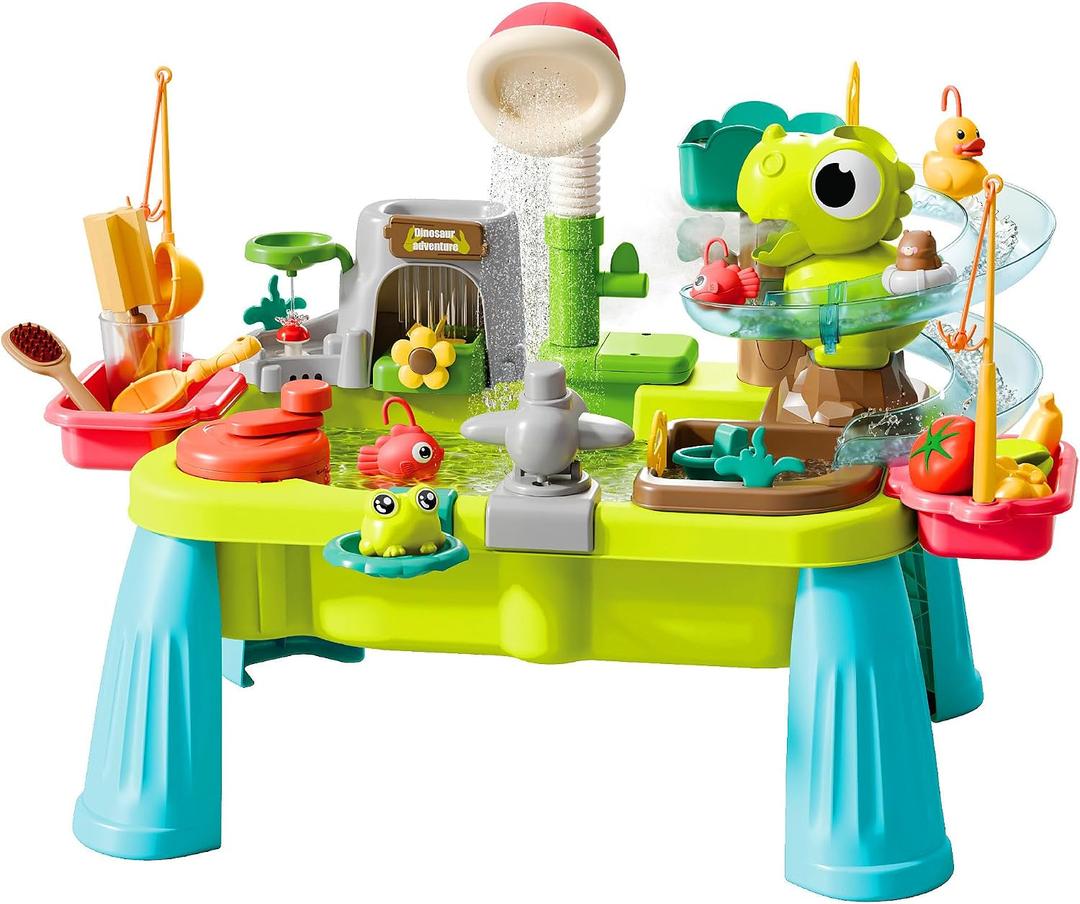Dinosaur Sand and Water Table for Toddlers 2-8, 11-in-1 Outdoor Water Play Table with Electric Circulating Spray and Sensor-Activated Mist, Summer Backyard Sensory Toys for Boys Girls Ages 3-5 4-6, 17.24 in × 17.09 in × 22.83 in