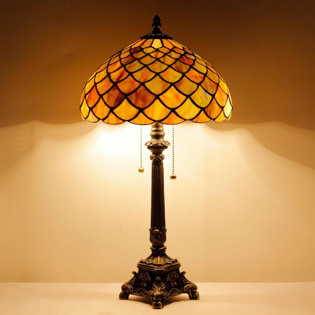 Tiffany Lamp Fish Scales Style Stained Glass Table Lamp Desk Reading Light 12X12X21 Inches with Resin Base Decor Bedroom Living Room