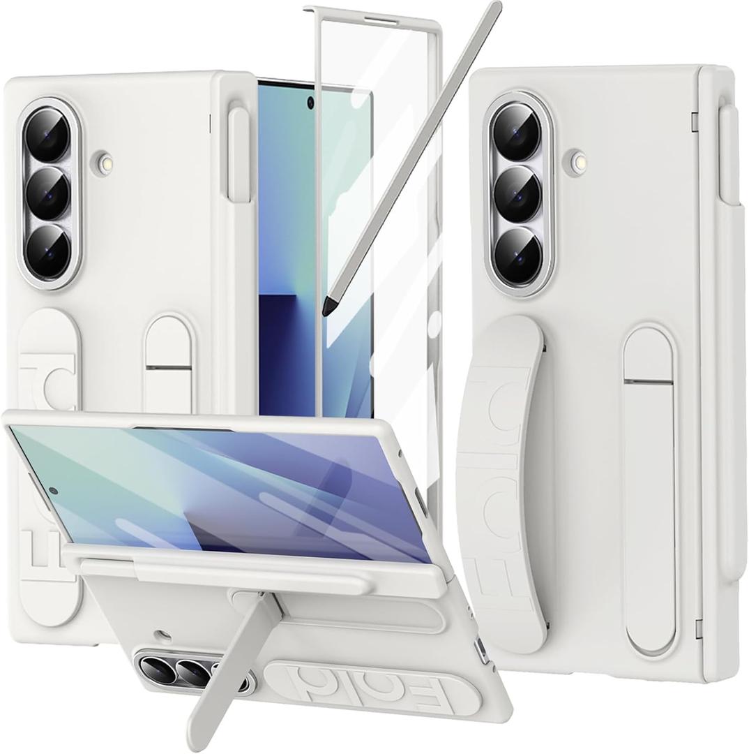 Finger Strap for Samsung Galaxy Z Fold 7 Case with S Pen Holder & Stylus, Z Fold7 Hand Strap Case Kickstand Full Coverage Screen Protector Hinge Protection Wristband Cover for Z Fold 7 White